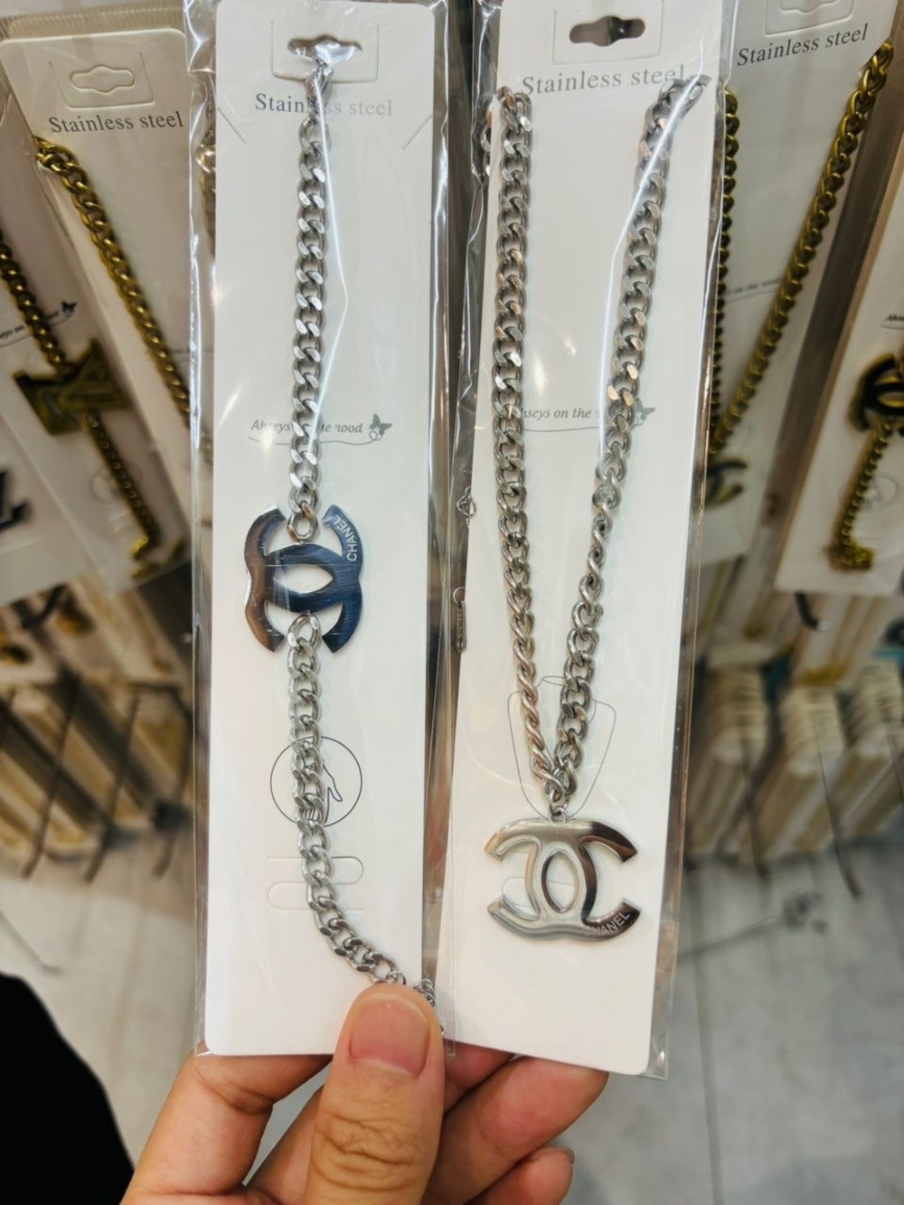 Silver Chain Necklace with Interlocking Logo Pendant - Unbranded
